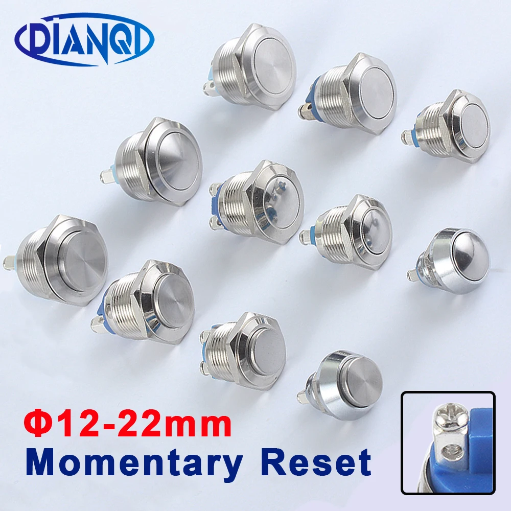 Sonnette d'alimentation en métal avec port à vis, sonnette, klaxon, poussoir, interrupteur individuel, bombé, tête plate ronde momentanée, maison intelligente, 1 PC, 12mm, 16mm, 19mm, 22mm, 1NO