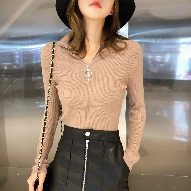 

2024Versatile Women's Solid Color Half Zipper Pullover Knitwear Spring and Autumn Women's Simple Half High Neck Sweater Top