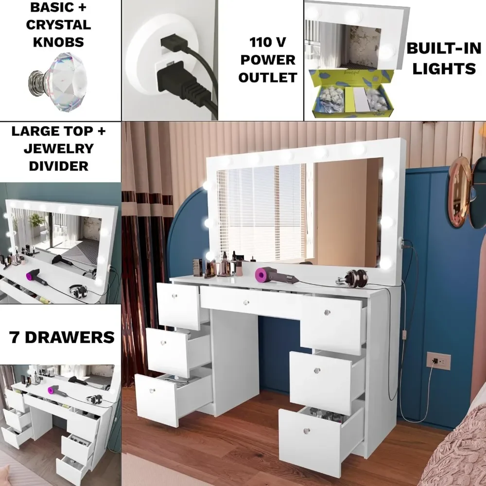 7 Drawers Toilet Furniture Makeup Dressing Table With Mirror Yara Makeup Vanity Desk With Hollywood Vanity Mirror With Lights