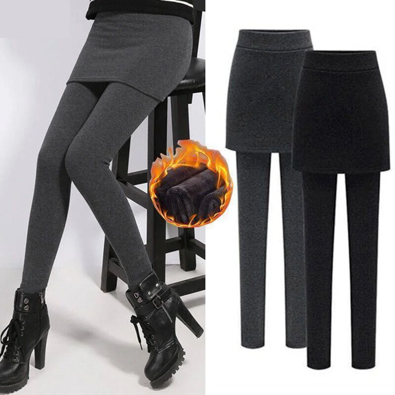 Leggings aggiunti in velluto invernale da donna, caldi pantaloni legging in pile con gonna finta