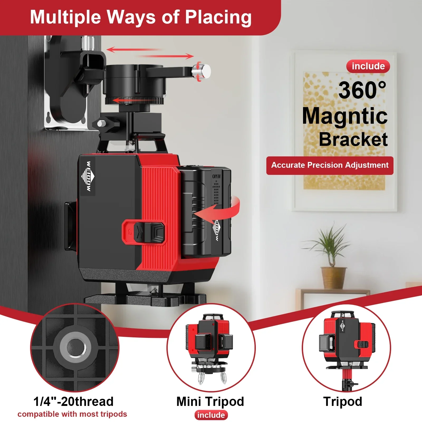 WEIDDW Nivel Laser 4D 16 Lines Laser Level Green Cross Line 360 self-leveling with Tropod Professional Laser Level Tools