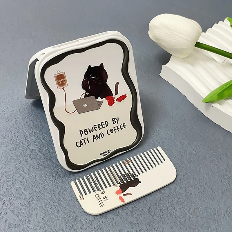 Cartoon Cat Pattern Flip-Top specchio per il trucco pieghevole specchio tascabile portatile specchio cosmetico rettangolare con pettine per donne ragazze