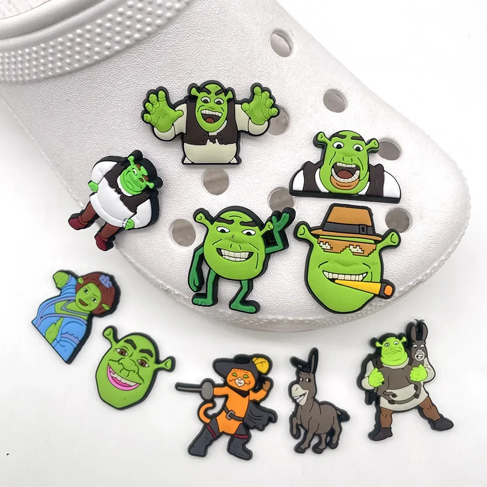 Dijes de zapatos de dibujos animados de Monster Shrek para Crocs Jibits, sandalias deslizantes de burbujas, decoraciones de zapatos de PVC, accesorios para adolescentes