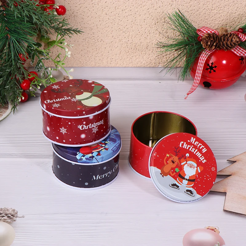 1Pc Tinplate Christmas Candy Can Round Cartoon Santa Claus Elk Letter Printed Box Xmas Candy Chocolate Cookie Box Small Gift Box