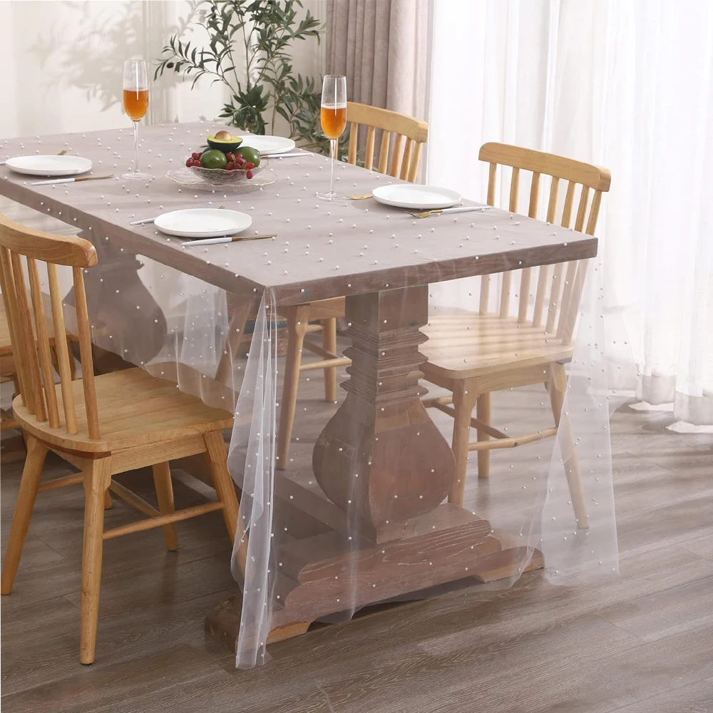 Elegant Wedding Tablecloth Sheer Chiffon Table Runner - Wrinkle-Free White Lace Texture - Lightweight Durable Wedding Table Deco