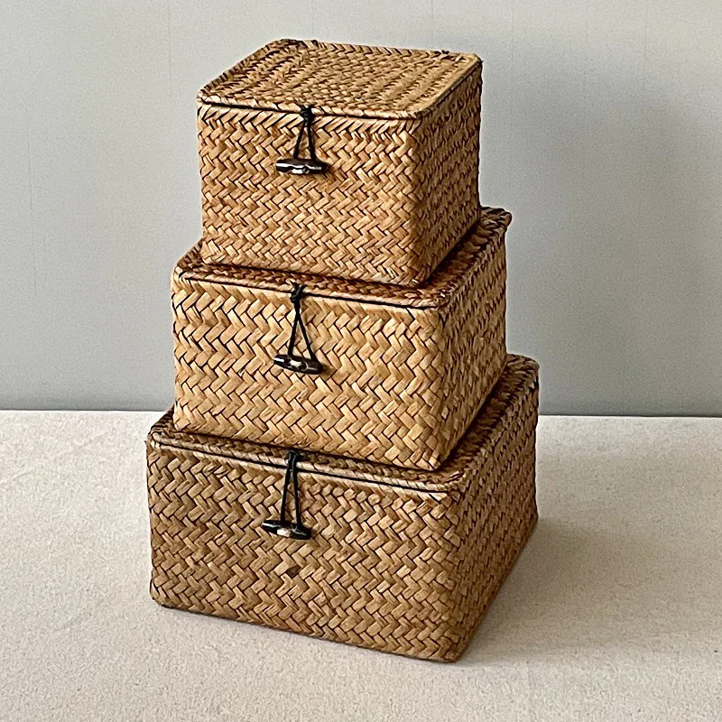 

1Pcs Woven Storage Box Square Seagrass Basket Gift Bags Storage Organizer Desktop Sundries Container Wedding Wrapping Supplies