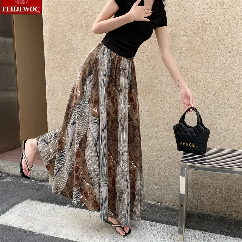 Holiday Women Bohemian Ethnic Printed Retro Vintage High Waist A Line Skirts FLHJLWOC Casual Beach Vacation Midi Maxi Skirt
