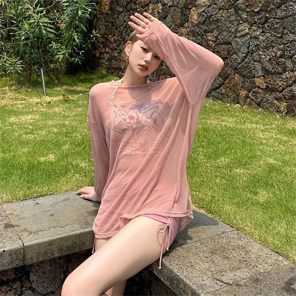 

Swimwear female split three-piece set conservative Korean version of Instagram spice girls small breasts gathering loose blouse