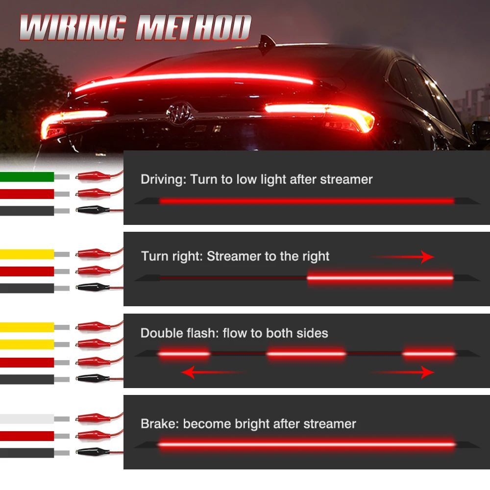 OKEEN 120cm Led Spoiler światło dla samochodu uniwersalny czarne włókno węglowe tylny Spoiler Auto trzecie światło hamowania Stop sygnał świetlny 12V