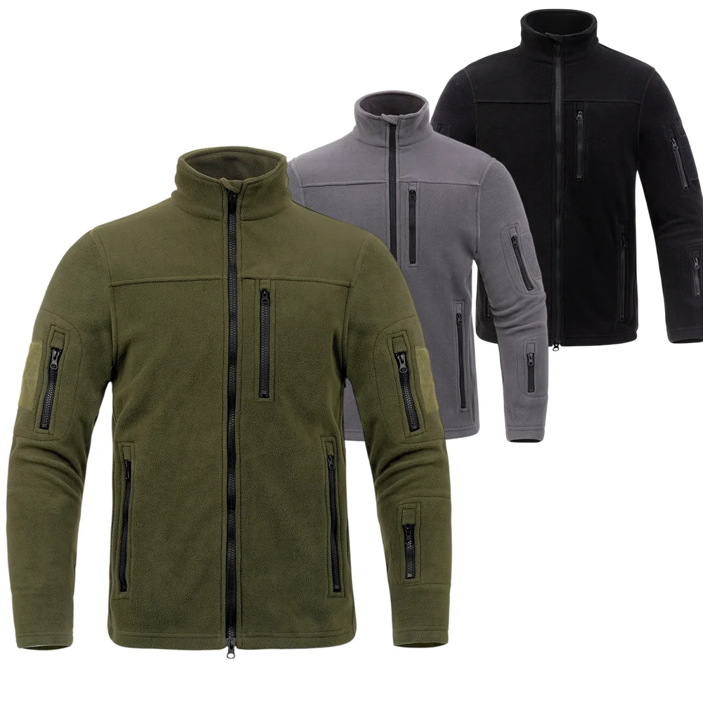 Full Zip Up Green Black Fleece Jacket Thermal Warm Work Coats Men's Zipper Outdoor Jacket Hiking Training Outwear Windbreaker