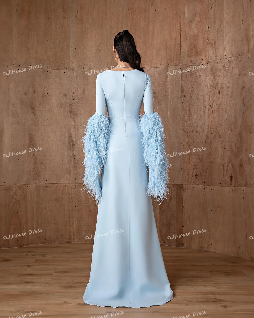 Custom Made Fashion Square Collar Long Sleeve Feathers Saudi Dress Sheath Maxi Length Backless Evening Party Gown with Court