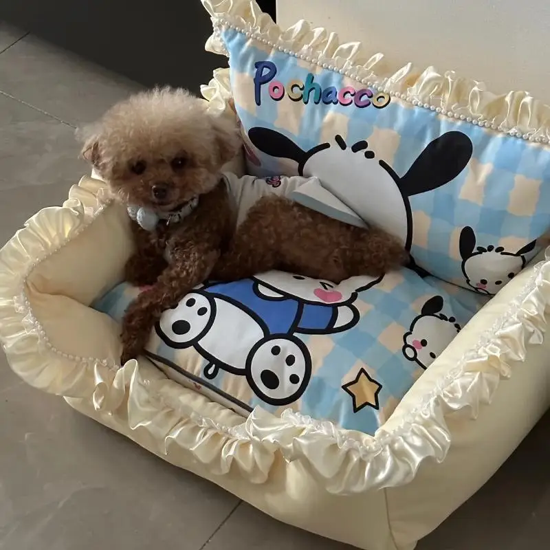 

Hot Sanrios Removable and Washable Pet Bed Set Water Proof Bite Resistant Kawaii Pochacco Cartoon Soft Cool Feeling Cat Kennel