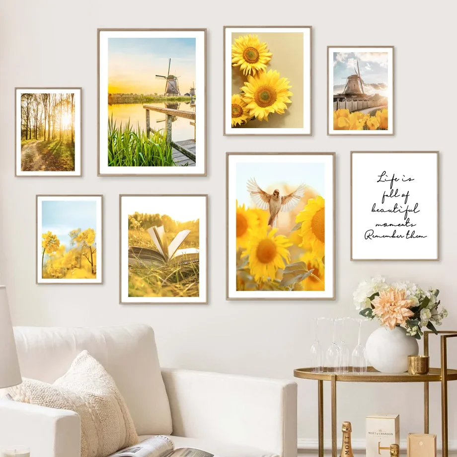 Rustic Spring Sunflower Windmill Landscape Wall Art Canvas Painting Farmhouse Posters And Prints Wall Pictures For Living Room