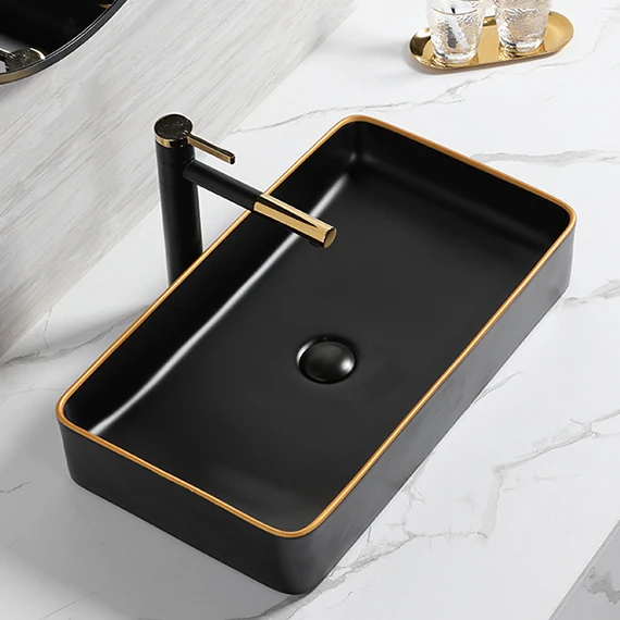 

Modern Rectangular Above Counter Black Color Vessel Sinks Bowl Ceramic Hand Wash Basin Matt Black Bathroom Sinks