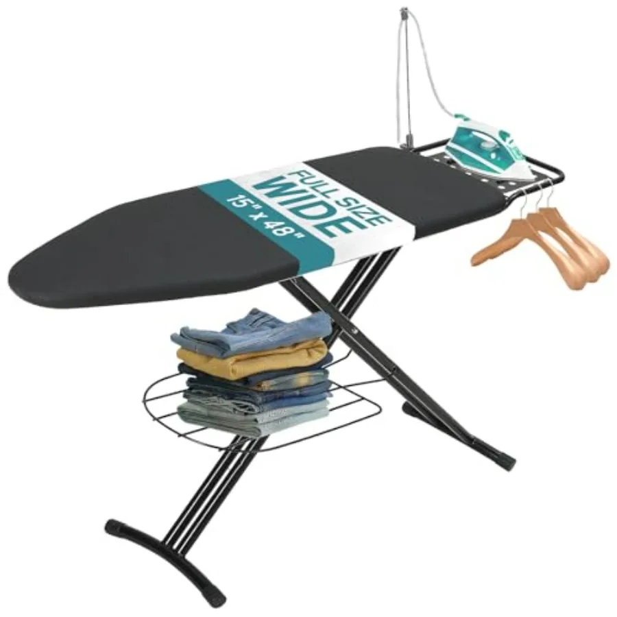 

Большая усиленная гладильная доска 48x15 дюймов, полноразмерная, с подушкой и чехлом, регулируемая по высоте подставка с отсеком для хранения и подставкой для утюга, черная