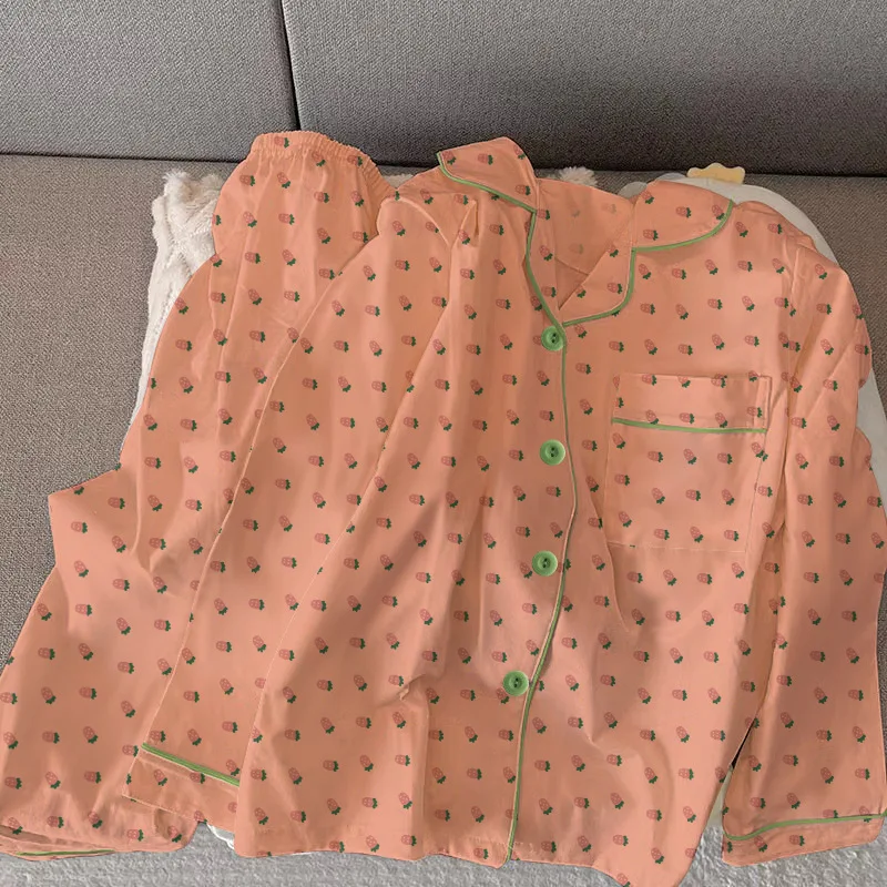 

Весенне-осенний новый женский пижамный комплект домашней одежды с клубничным воротником, свободная дышащая пижама, домашняя одежда, комплект с длинными рукавами