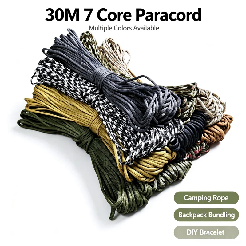 30M 7 Core Paracord Multiple Colors Outdoor Rope for Camping Tent Reinforcement Backpack Bundling DIY Bracelet Weaving