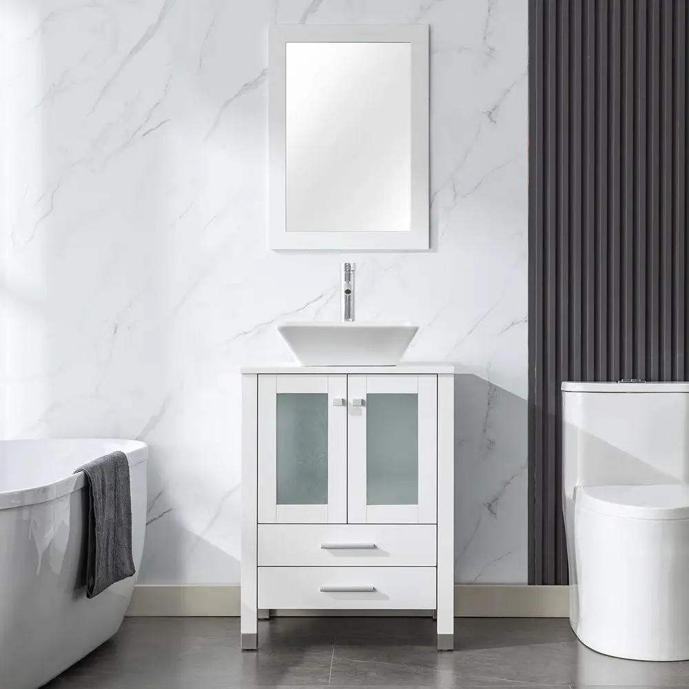 

24 White Bathroom Vanity with Sink Combo, Elegant Series, Two Drawers Storage Cabinet, White Square Sink and Faucet
