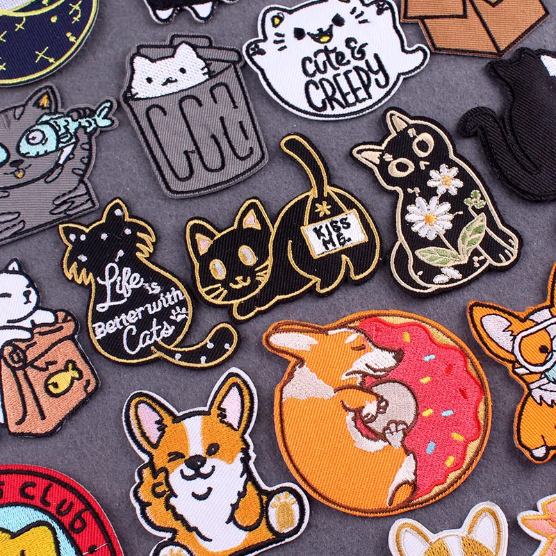 Cute Cat Corgi Patch Iron On Patches For Clothing Stickers DIY Cartoon Embroidery Patch For Clothes Stripes Badges On Backpack