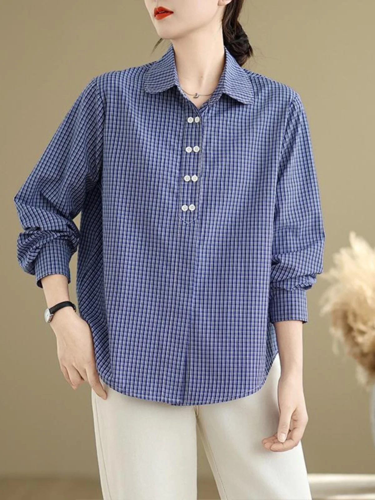 

Женский клетчатый отложной воротник из чистого хлопка, весенний длинный свободный топ на пуговицах све, удобный дышащий Sli для поездок на работу