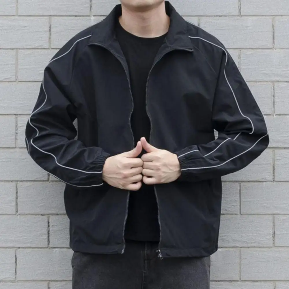 

Korean Style Windbreaker Stylish Men's Casual Windbreaker Jackets with Lapel Striped Sleeves Zipper Closure for A for Everyday