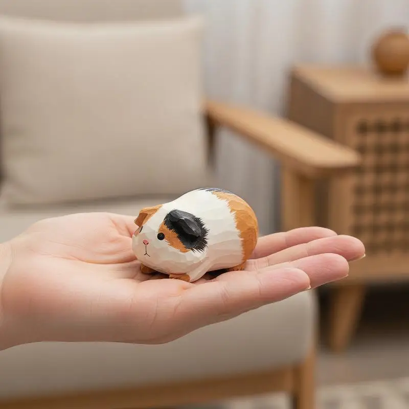 @*Hand Carved Decorative Wooden Guinea Pig Figurine Sculpture Cute Cavy Statue Ornament Shelf Home Desk Office Pet Decor Gift