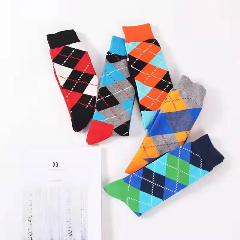 Retro Men Cotton Dress Happy Socks Argyle Pattern Wedding Harajuku Funky Novelty Gift Streetwear Hip Hop INS Cool Skate Color