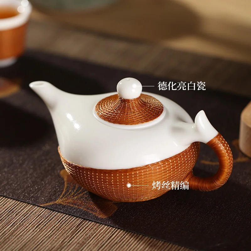 

Non-Heritage Handmade Bamboo Silk Buckle Porcelain Anti-Scald Dehua Tea Set Bright White Porcelain Teapot Xi Shi Suit Teapot