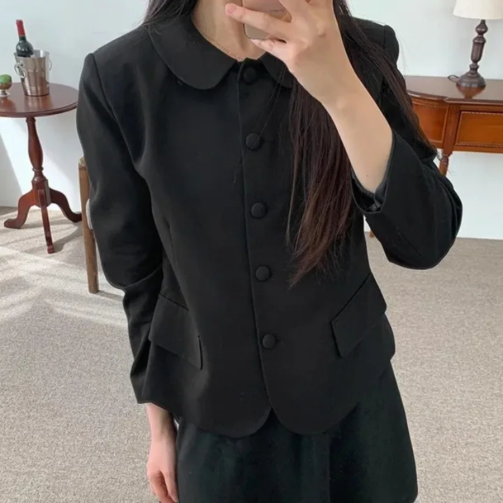 Fashionable Chic Pure Color Long Sleeve Single Button Doll Collar Slimming Versatile Autumn Outerwear Korean Style Women's Su...