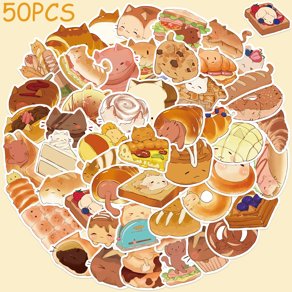 

50pcs Bread Cats Stickers Decals For Laptop Scrapbook Skateboard Luggage Guitar DIY Aesthetic Stickers Kids Creative Gifts