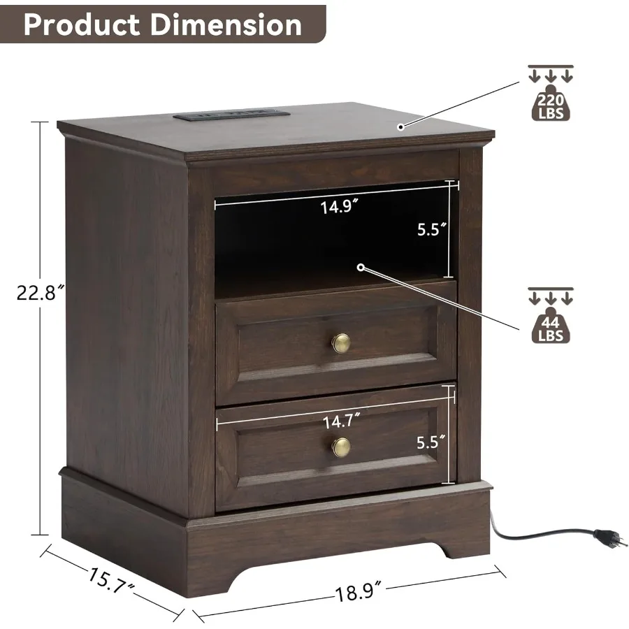 Тумбочка с зарядной станцией Набор из 2 прикроватных тумбочек для фермерского дома с 2 ящиками Прикроватная тумбочка для спальни Торцевой столик Приставной столик