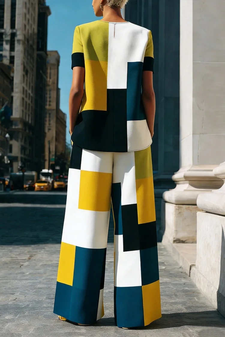 Yeezzi 2026 New Summer Geometric Color Block Wide Leg Pants Women High Waisted Loose Contrast Color Pockets Chic Casual Trousers view 4