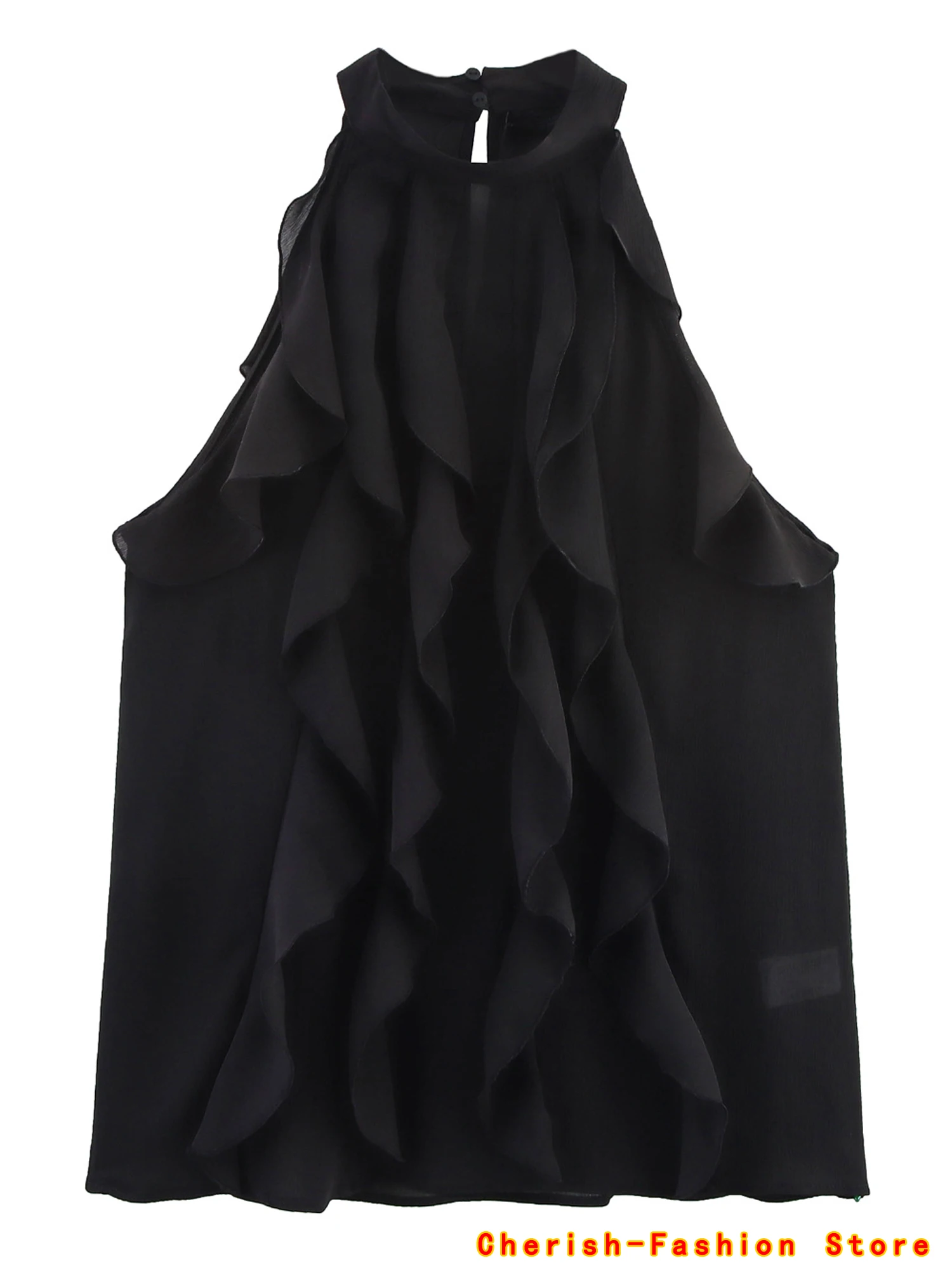 

2025 Women Fashion Layered Decorative Hanging Neck Collar Top Spring Summer Casual Slim Camis Black Ruffled Summer Tank