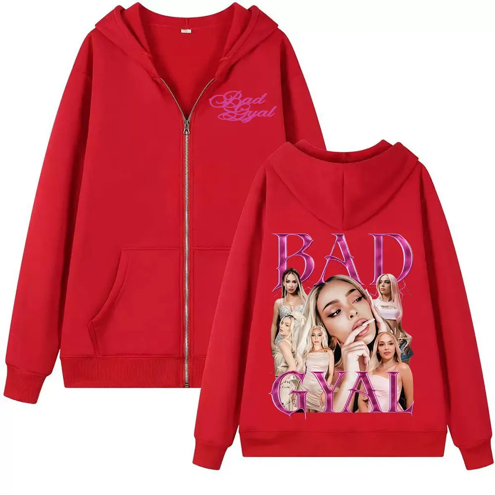 Singer Bad Gyal 빈티지 90년대 지퍼 후드티 남성 여성 하라주쿠 미학 트렌드 스웨트 셔츠 코트 캐주얼 바디워머 지퍼 업 풀오버