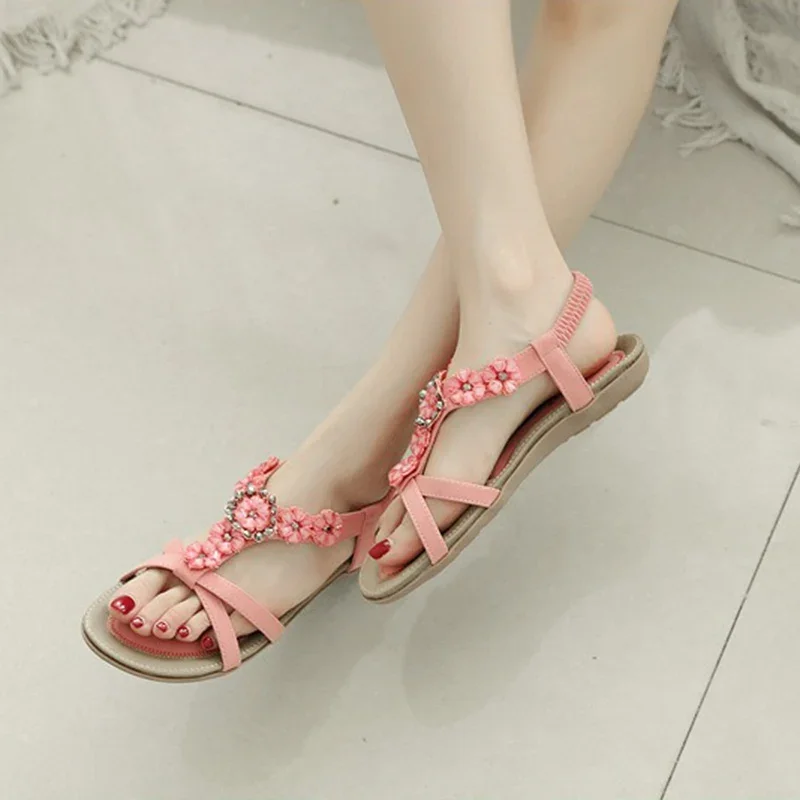 Large Size 35-42 Summer Women 1.5cm Platform 2cm Low Heels Sandals Female Bling Flower Sandals Lady Outside Cute Bohemian Shoes