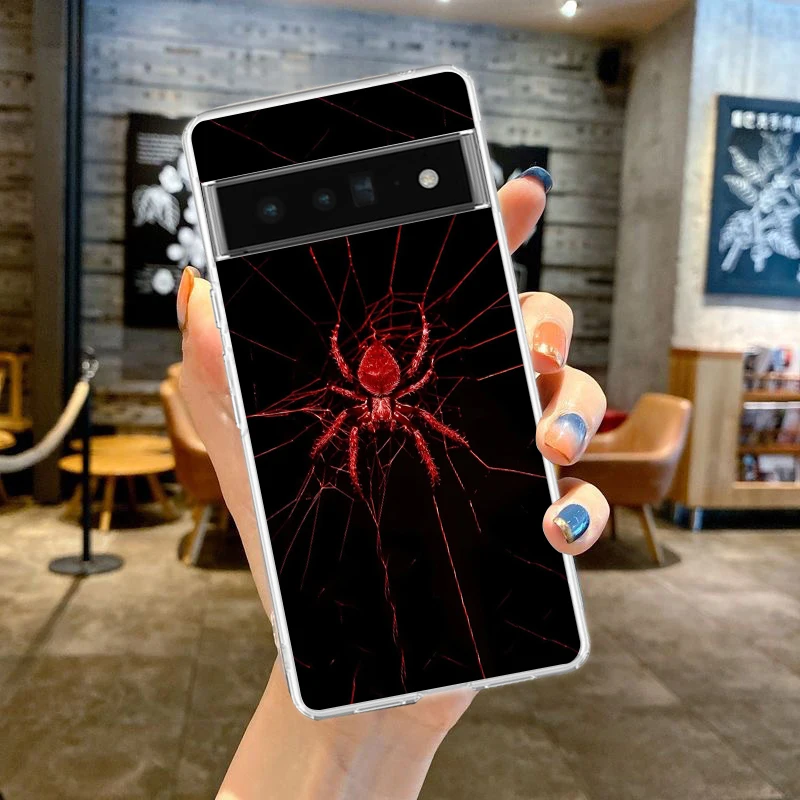 เคสโทรศัพท์สำหรับ Google Pixel 9 8 7 Pro 8A 7A 6A 6 Pro XL 5 4 5A 4A 3A 5G  แบบนิ่ม TPU ใส ลายใยแมงมุมสีดำ