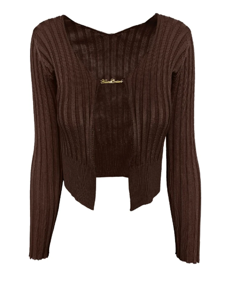 Jesienny Seksowny Sweter Rozpinany Dzianinowy Damski Y2k Złoty Metalowy Guzik Głęboki Dekolt V Długi Rękaw Krótki Top