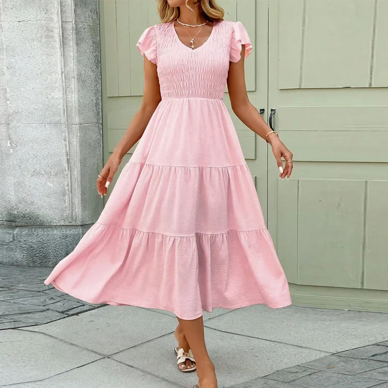 2025 novo verão vestidos com decote em v para mulheres sólido manga curta vestido feminino elegante a linha vestido feminino vestidos de verano mujer q277