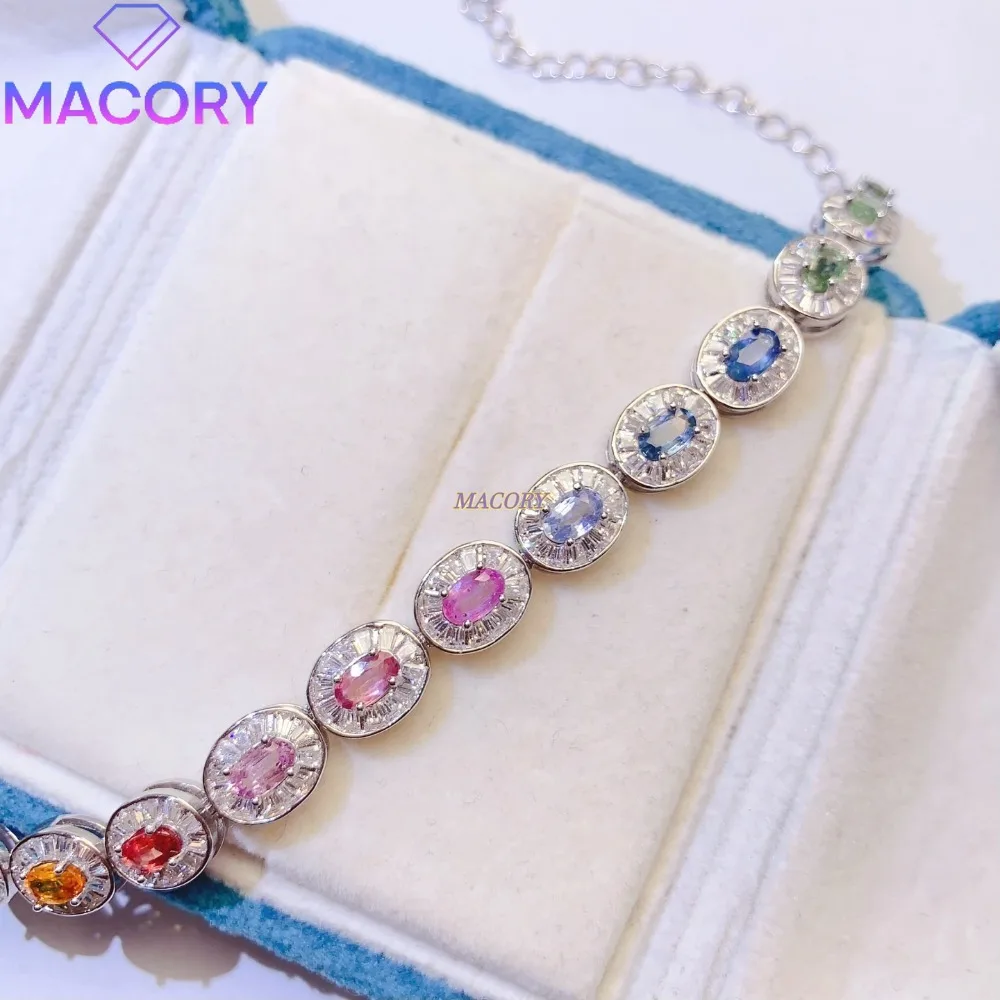 Natural Colored Sapphire 925 Silver Bracelet Women's Luxury Jewelry Accessories Valentine's Day Christmas Anniversary Gift