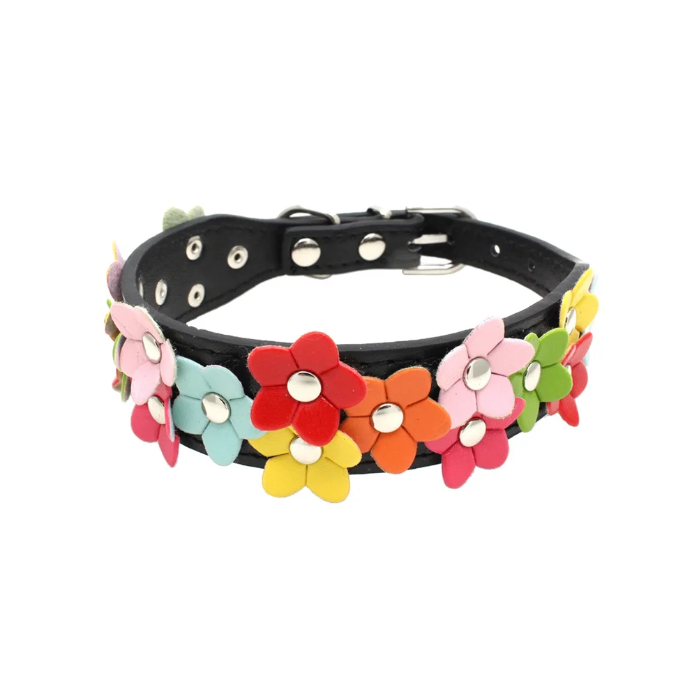 

Five Color Flower Pet Collar Black Size M Adjustable Pu Dog Cat Puppy Neck Collar Alloy Buckle Rhinestone Decor For Small