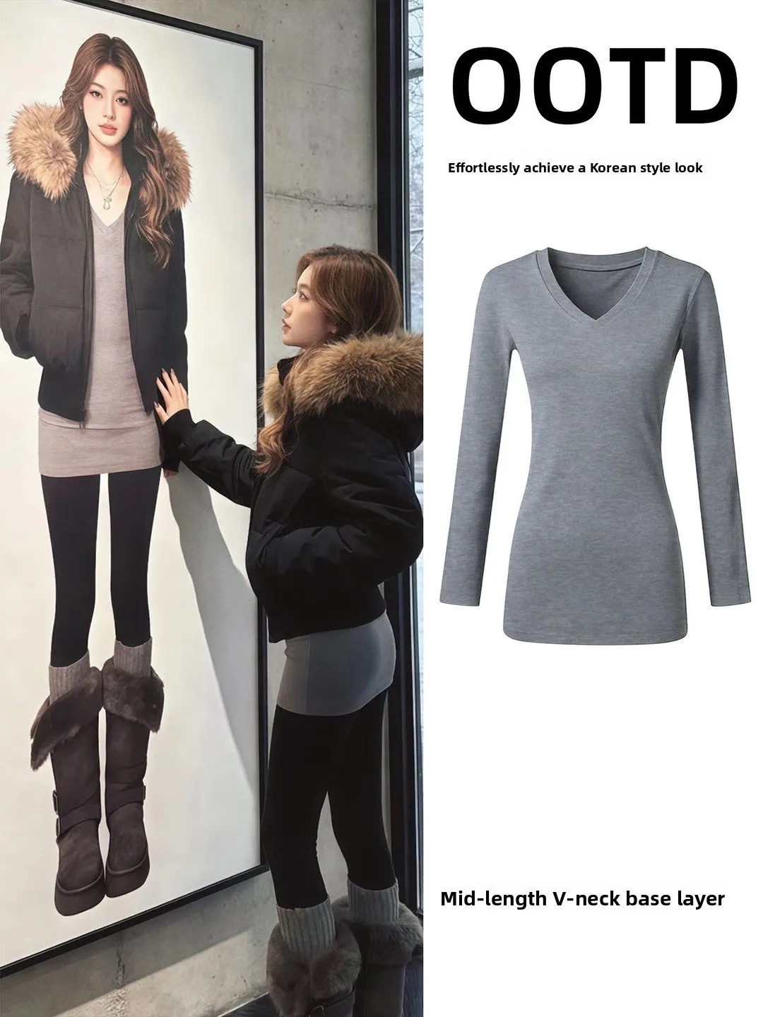 Gray Long Sleeve V-Neck Women's T-Shirt Slim Fit Butt Covering Autumn Winter Waist-Cinching Slimming Inner Wear Bodycon Sexy Top
