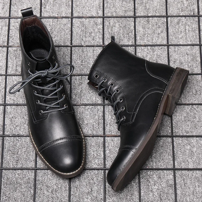 Botas de couro estilo britânico masculinas, sapato casual de veludo superior alto, tamanho grande, ao ar livre, trabalho, outono, inverno, moda