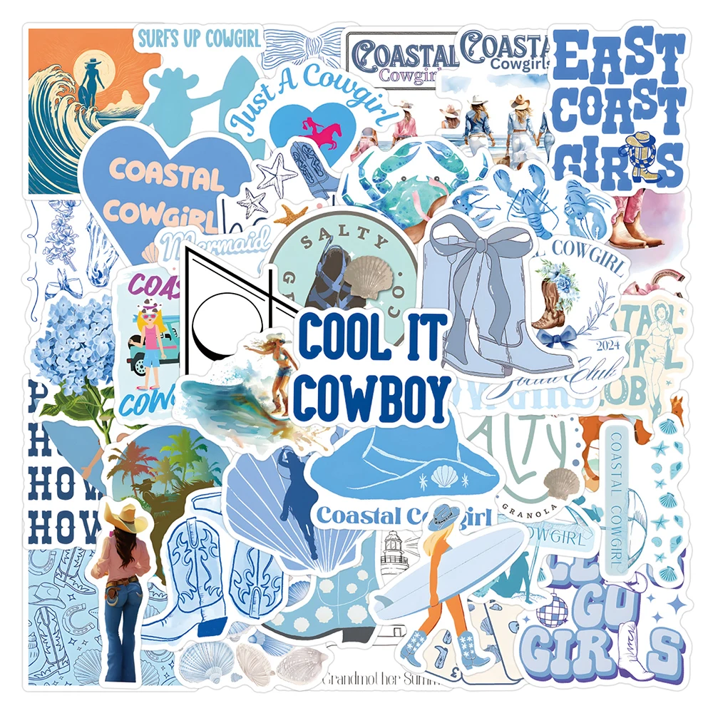 10/30/55 Stück Küsten-Cowgirl-blaue ästhetische Aufkleber, INS, frischer Stil, Graffiti-Aufkleber, Sammelalbum, Laptop, Telefon, niedliche Aufkleber, Verpackung