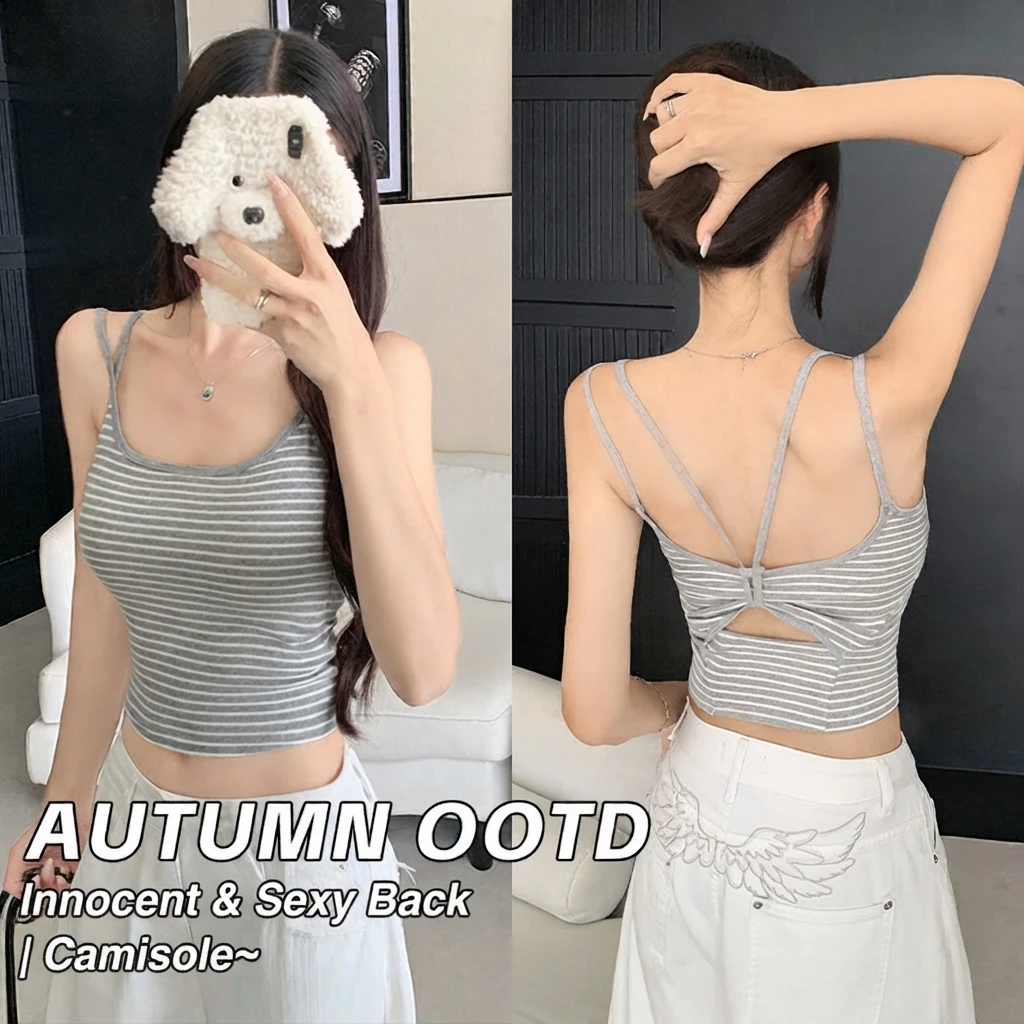Women Sling Vest with Chest Pad Striped Cotton Cross Strap Slim Fit Short Sleeveless Camisole Summer Inner Outer Bottoming Top