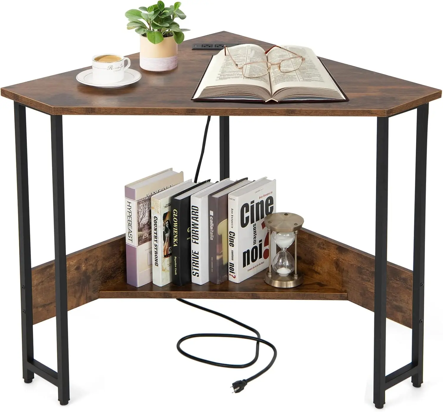 

Corner Computer Desk, with USB Ports & Power Outlet, Storage Shelf for Small Space, Triangle Steel Frame Corner Desk for Home Of