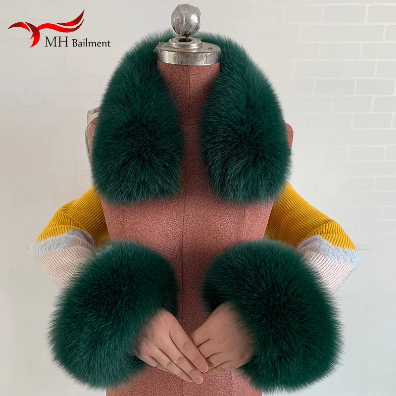 2023 New Fox Fur Square Collars Real Fur Cuffs Sets Women Winter Thick Warm Fashion Scarves Cuff Match Overcoats Accessory