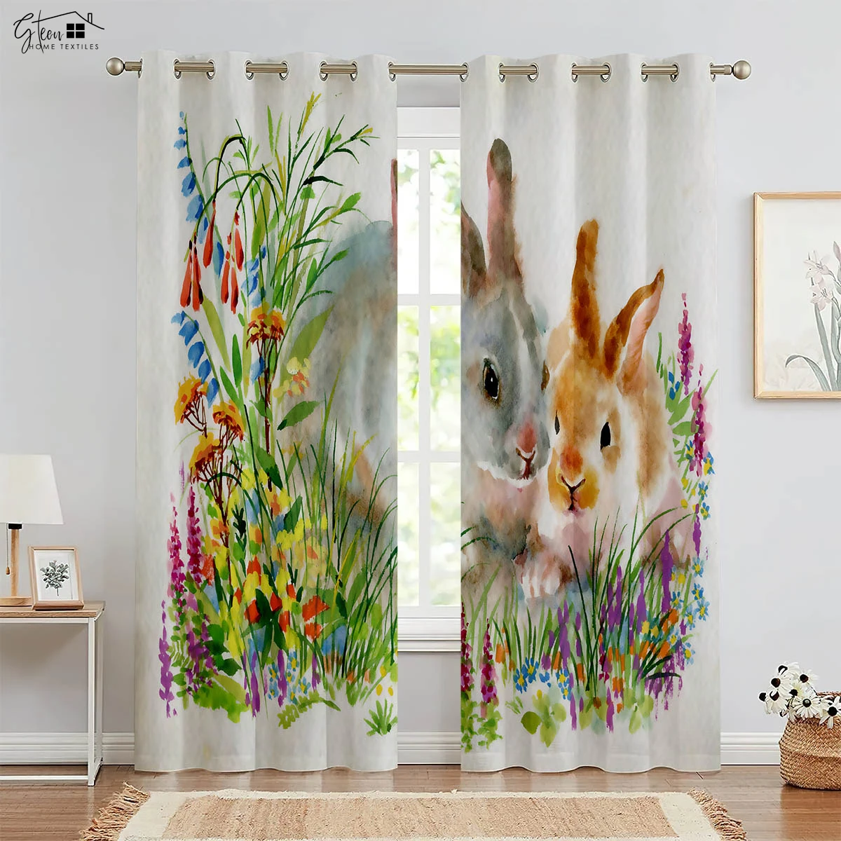 Easter 3D Printed Decorative Curtains Cartoon Rabbit Eggs Flowers Living Room Bedroom Study Children's Festival Cartoon Curtains