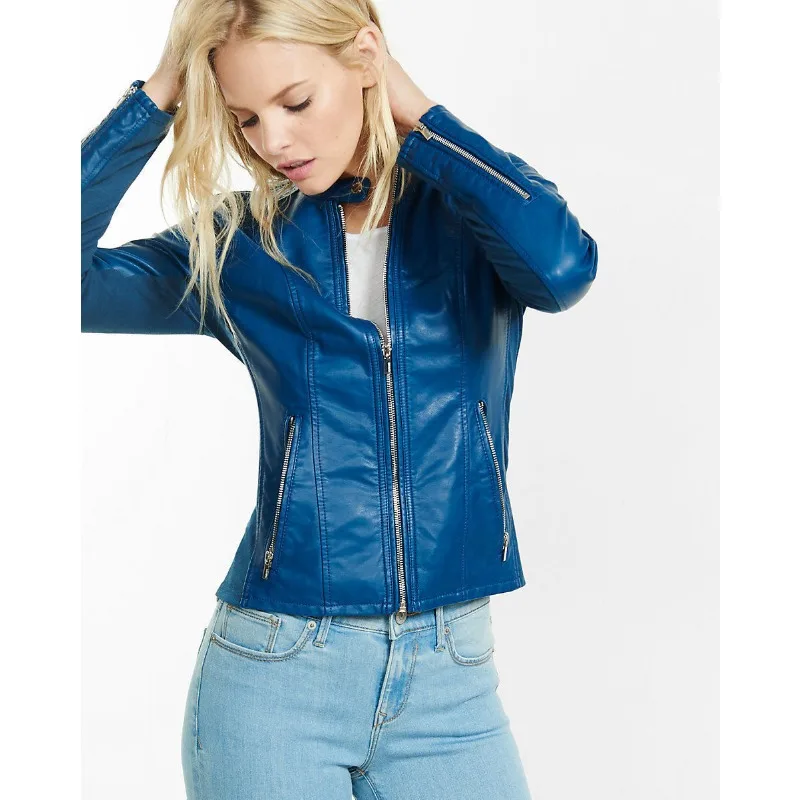 

Women's Genuine Real Lambskin Leather Jacket Slim Fit Biker Blue Elegant Jacket