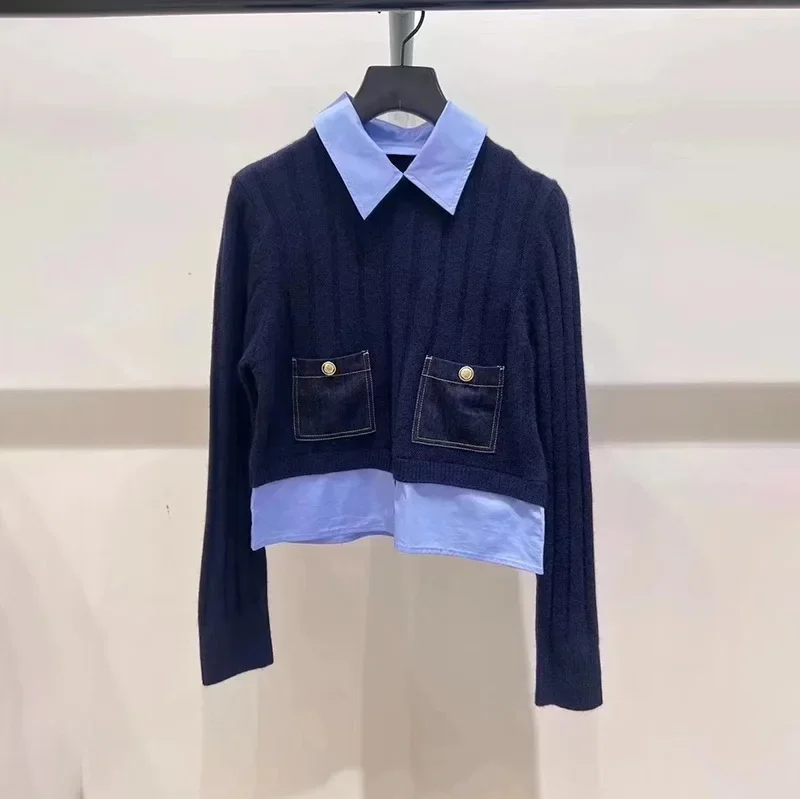 

Niche 2024 autumn winter urban fashion fake two contrasting color shirt collar pullover sweater sweater