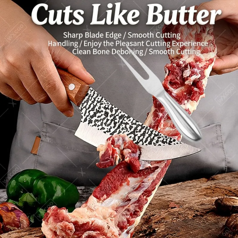 WXCOO Hand Forged Kitchen Knife Boning Knife Butcher Cleaver Knife Multifunctional Bottle Opener Pig Skinning Wooden Handle